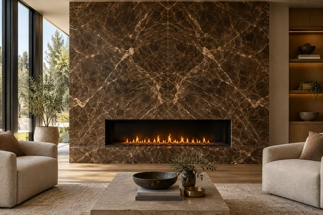 Bookmatched brown marble surrounds a wide fireplace, with pale veining, oak flooring and warm timber shelves.