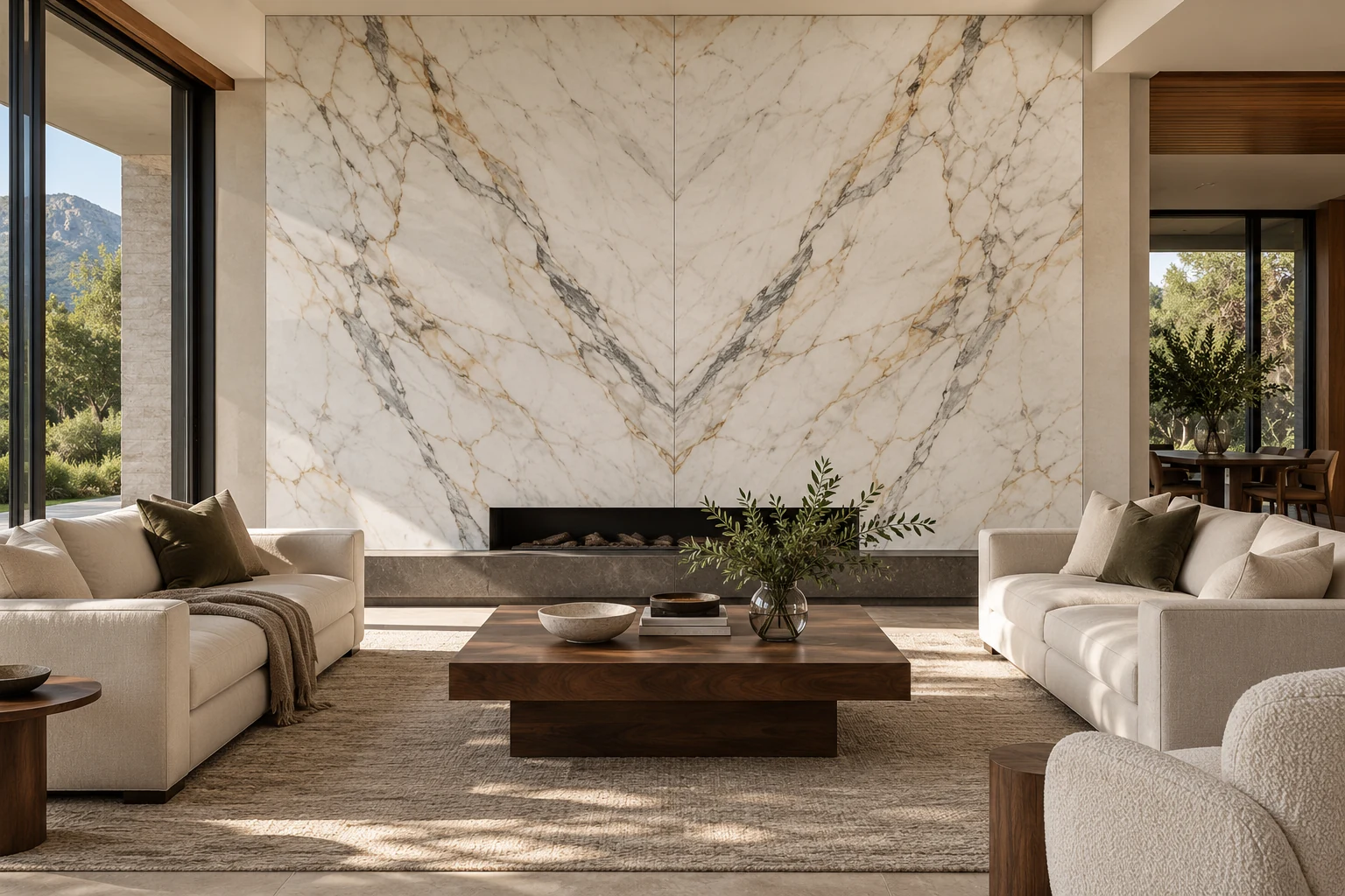 White marble living room A full-height white marble wall with mirrored grey and gold veins, cream seating and walnut furniture.