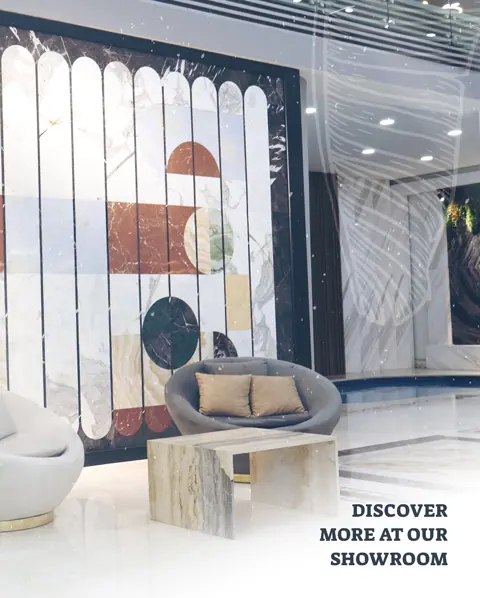 A multicoloured stone screen and a sculptural coffee table show how contrasting materials can become distinctive features within an interior.