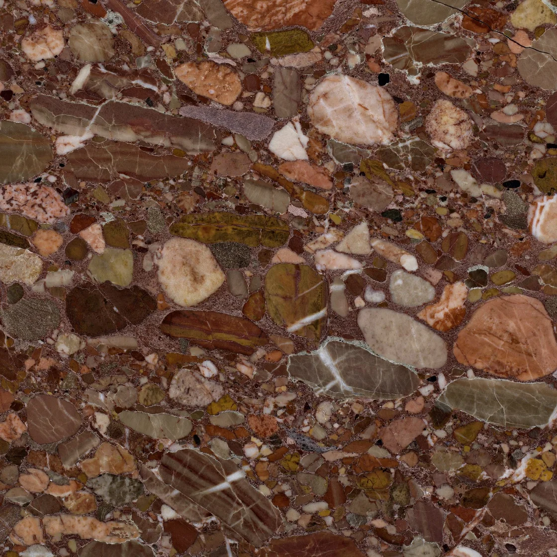 Aerolite | marble tile Aerolite marble tile — contrasting cream, brown and muted red tones, rounded mineral shapes and scattered pale inclusions