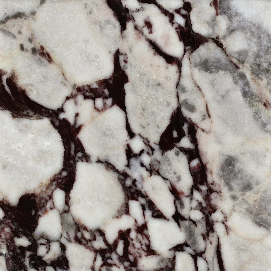 Violet | marble tile Violet marble tile — a soft ivory and cream background, bold plum-coloured veins against pale mineral areas