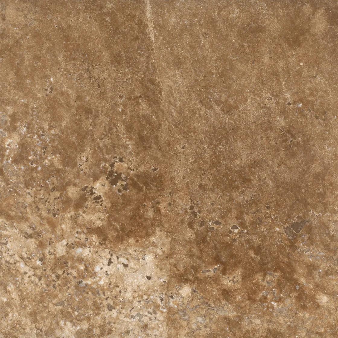 Dark Walnut F/H | travertine tile Dark Walnut F/H travertine tile — warm walnut-brown and cream tones, fine natural pores within a softly clouded pattern