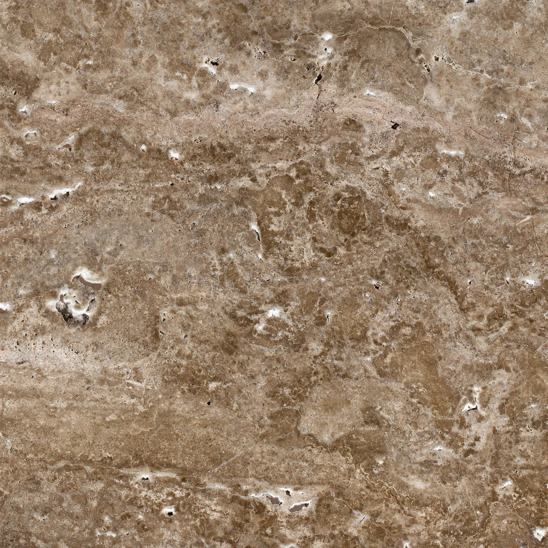 Noche Traverten | travertine tile Noche Traverten travertine tile — warm walnut-brown and cream tones, cloud-like cross-cut areas and small tonal islands