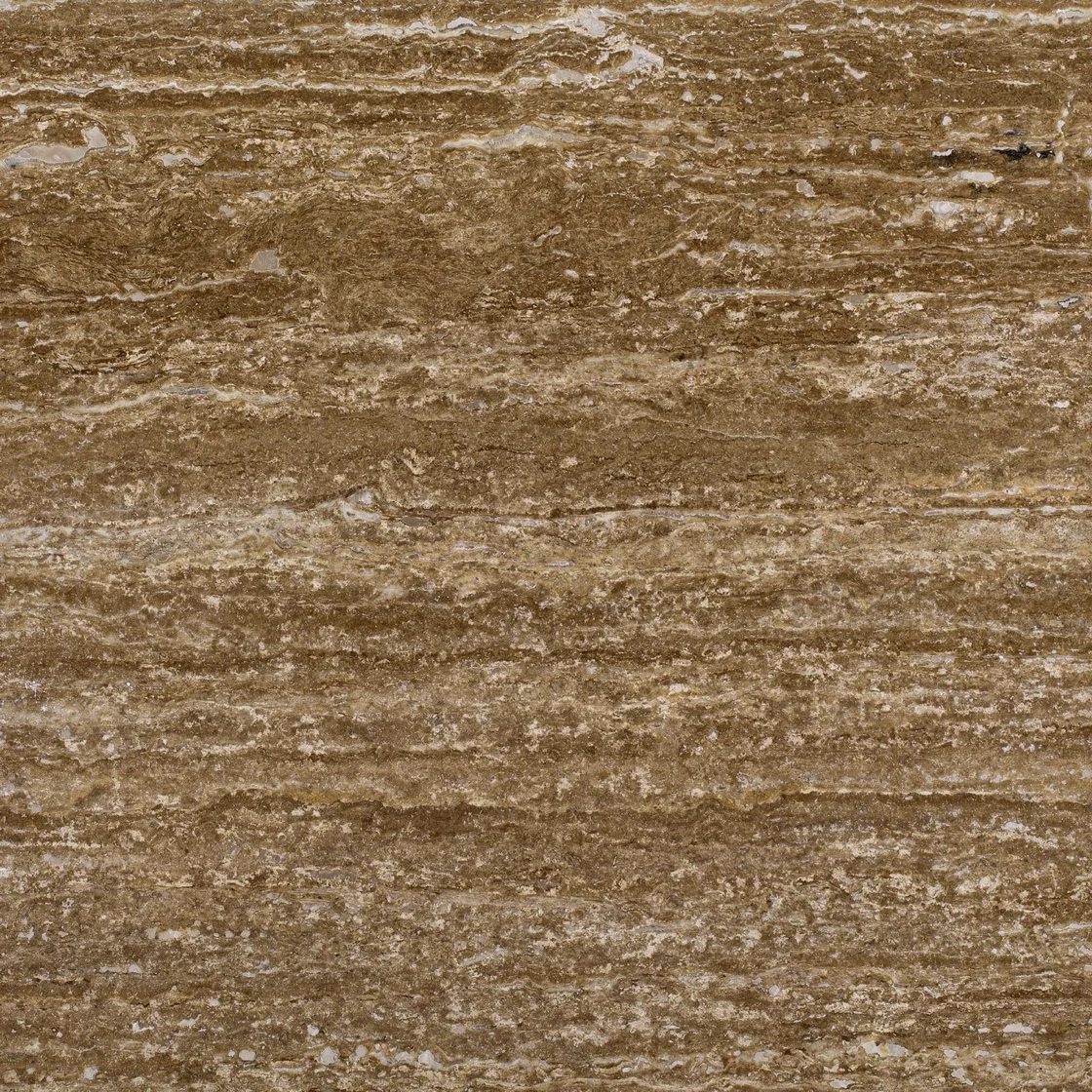 Noche Veincut | travertine tile Noche Veincut travertine tile — warm walnut-brown and cream tones, long vein-cut bands punctuated by natural pores