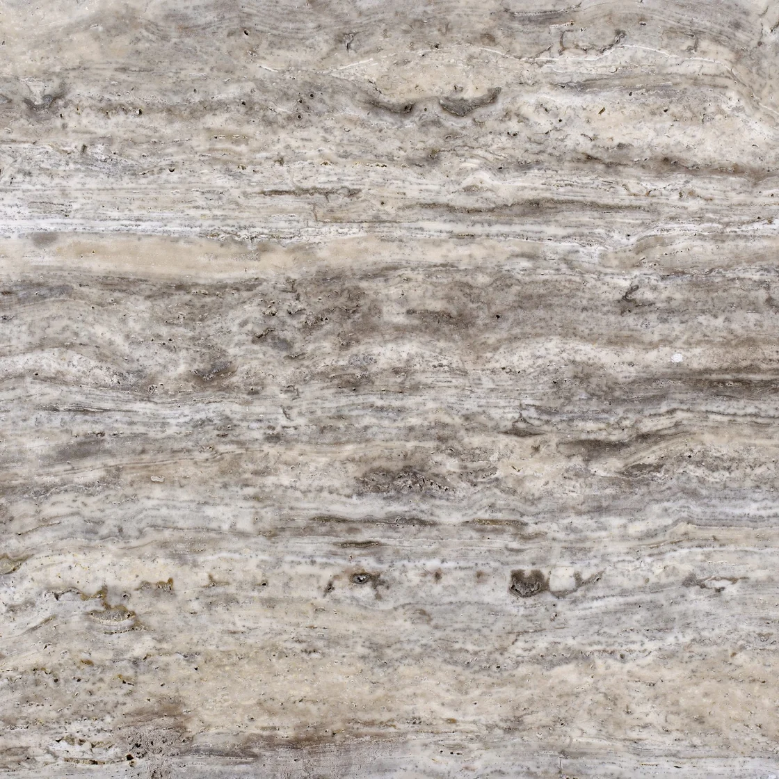 Pewter Blend (Veincut) | travertine tile Pewter Blend (Veincut) travertine tile — pale silver-grey and cream tones, alternating pale and dark silver-grey layers